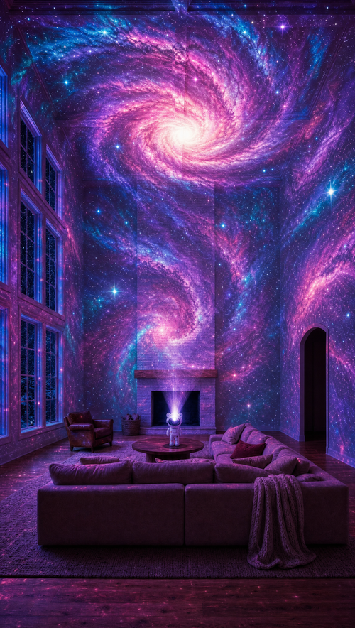Purple galaxy projected across a living room ceiling and walls