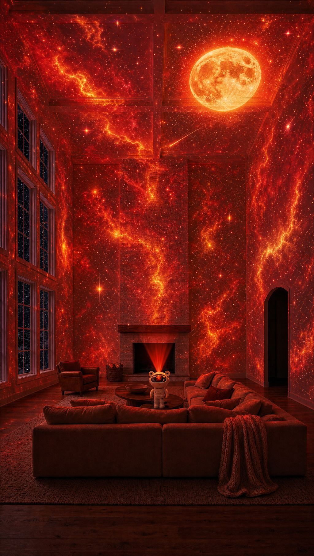 Red nebula with moon mode across a living room