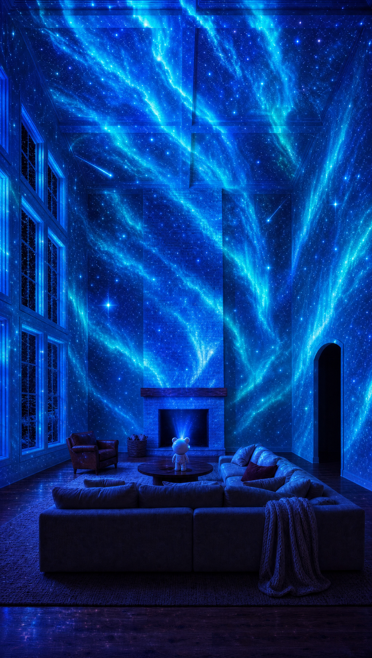 Blue aurora mode filling a living room
